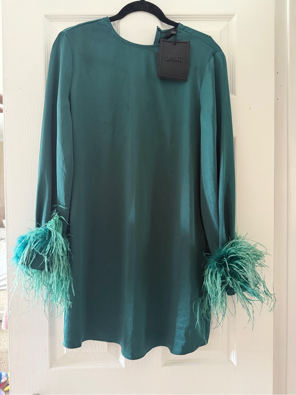 LAPOINTE NWT Teal Satin Feather Cuff Shift Dress